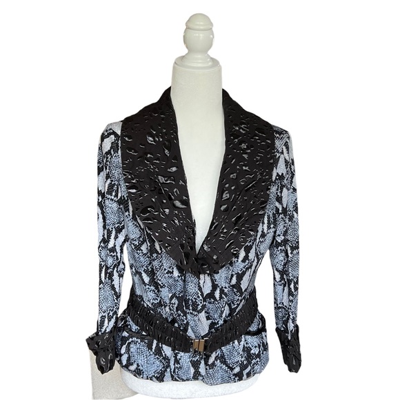 VINTAGE ALBERTO MAKALI JACKET SNAKESKIN PRINT BLACK AND BLUE SIZE 12 - Picture 1 of 6